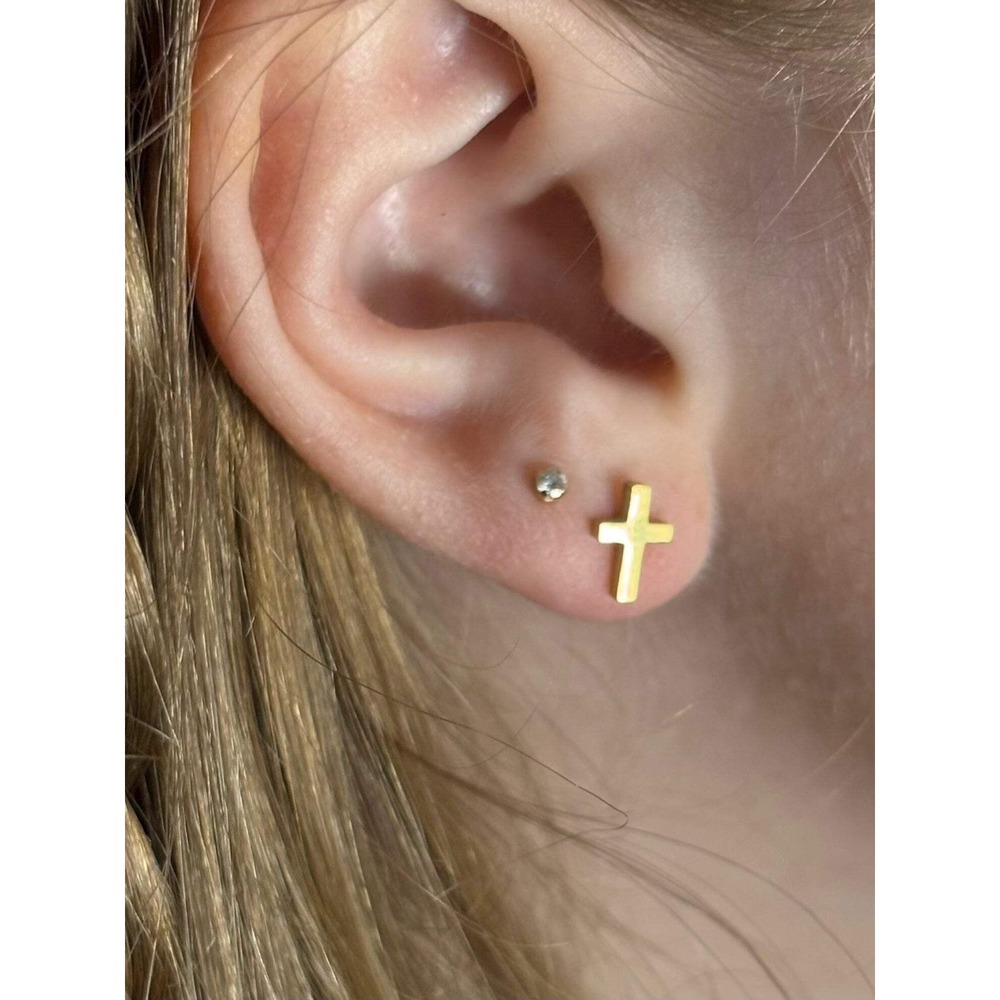 Gold Cross Stud Earrings – Minimal Faith Jewelry, Hypoallergenic Everyday Studs - Picture 7 of 7